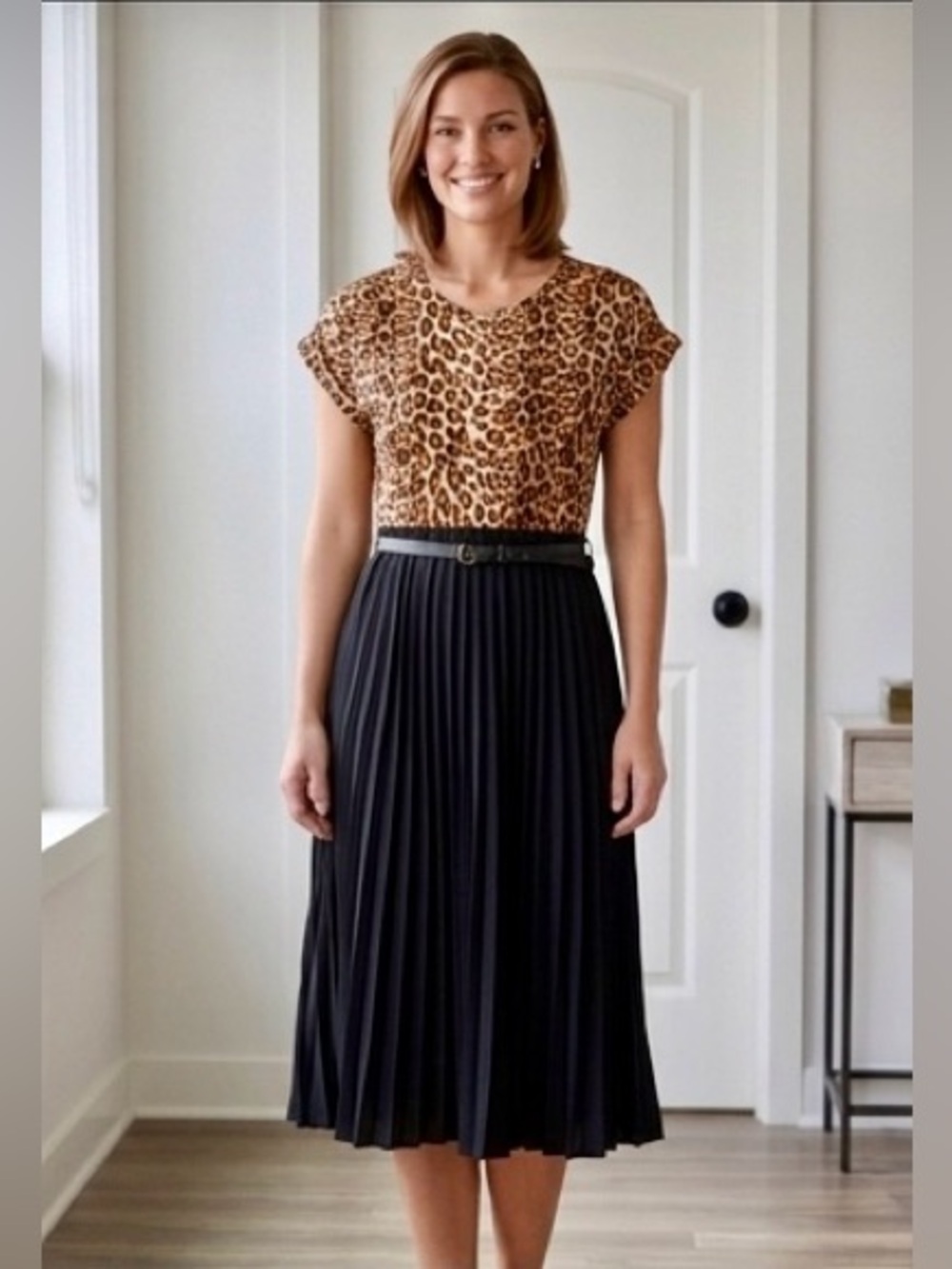 Ashley Blue - Adorable Leopard Print Pleated Dress - Only worn once!